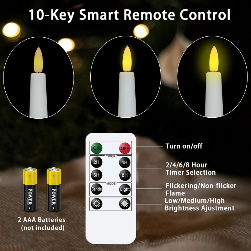 KSWING Upgraded Real Wax LED Flameless White Taper Candles with Remote, 6 PCS Candlesticks Battery Operated 3D Flickering - 9.6" Long Realistic Fake Candle Sticks for Home/Wedding/Fireplace Xmas Decor - Image 4